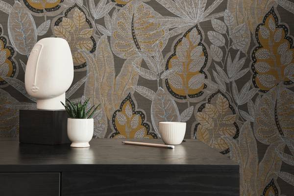 Botanische Vliestapete Pflanzen Braun - Orange - Taupe - Weiß