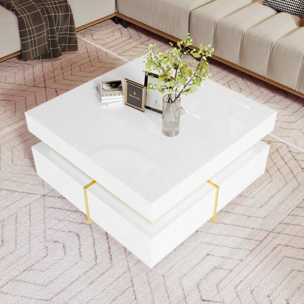Salontafel Ourea Ⅳ wit glas - hoogglans wit - goud - wit