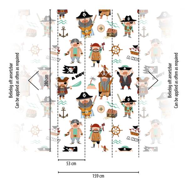 Fototapete Kinderzimmertapete Piraten Schwarz - Braun - Pink - Weiß - Fleece - 159 x 280 x 1 cm