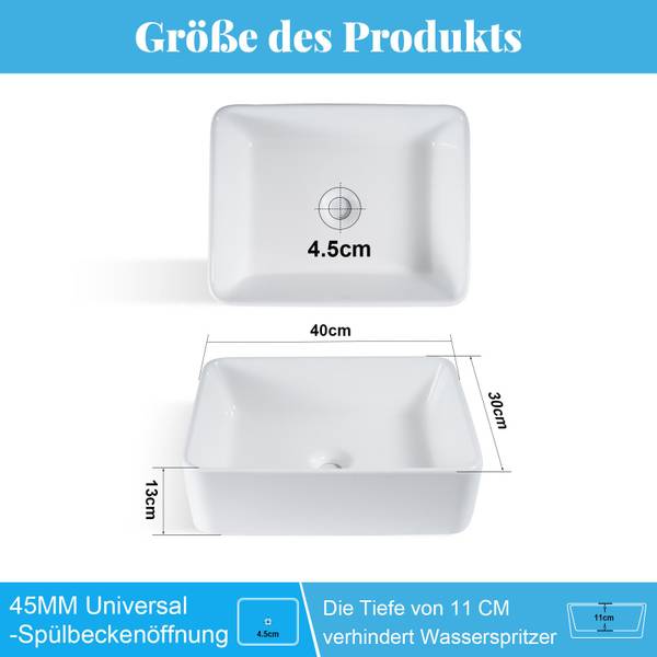 Waschbecken Ebersbach II Weiß - Keramik - 30 x 13 x 40 cm