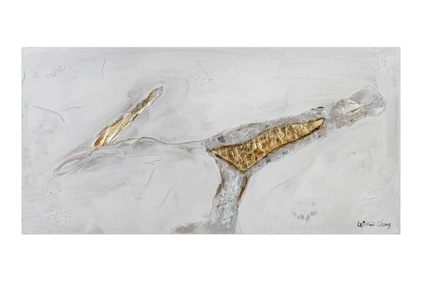 Acrylbild Handgemalt Nonfigurativ Zop Gold - Weiß - Baumwollstoff - 100 x 50 x 4 cm
