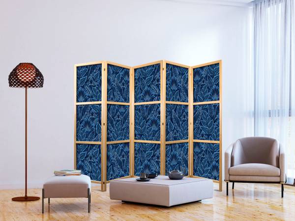 Paravent Botanik Blätter 5-tlg Schwarz - Blau - Holzwerkstoff - Textil - 225 x 172 x 3 cm