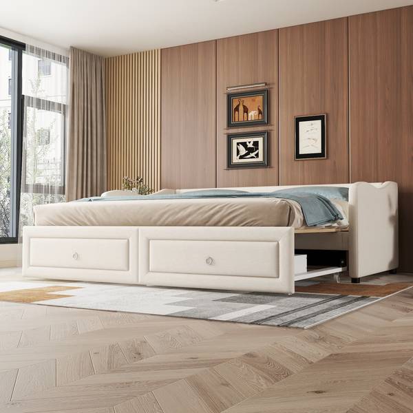 Schlafsofa Everly Beige - Leinen - 213 x 74 x 102 cm