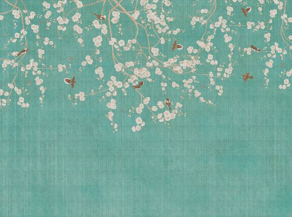 Fototapete Blumenranke Beige - Blau - Grau - Weiß - Fleece - 371 x 280 x 1 cm