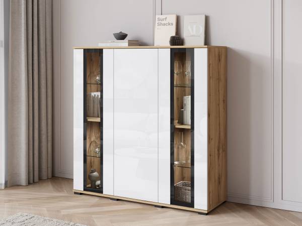Highboard Caro mit Beleuchtung Glas Weiß - Eiche