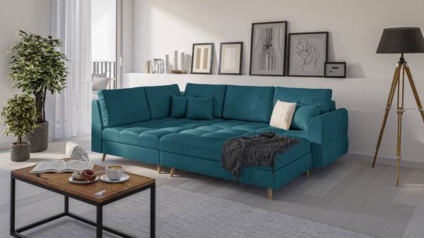 Skandinavisches Ecksofa Amber mit Hocker Türkis - Ecke davorstehend links