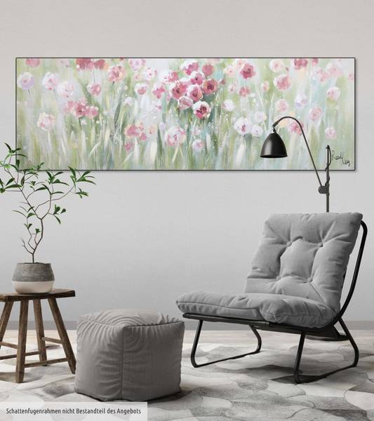 Acrylbild Handgemalt Blüten Zex Grün - Pink - Baumwollstoff - 150 x 50 x 4 cm