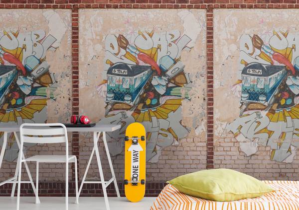 Fototapete Graffiti Steinwand Beige - Braun - Rot - Weiß - Fleece - 159 x 280 x 1 cm