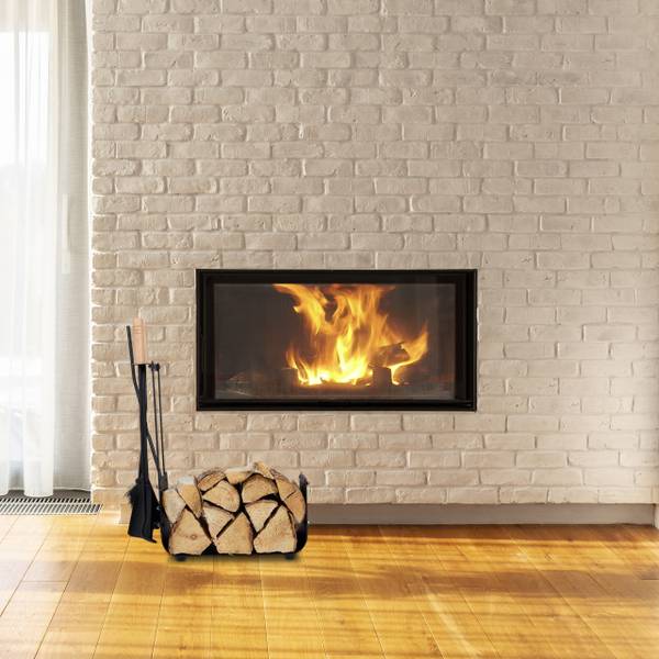 Houtmand voor binnen met haardset zwart - bruin - staal - 46 x 63 x 30 cm