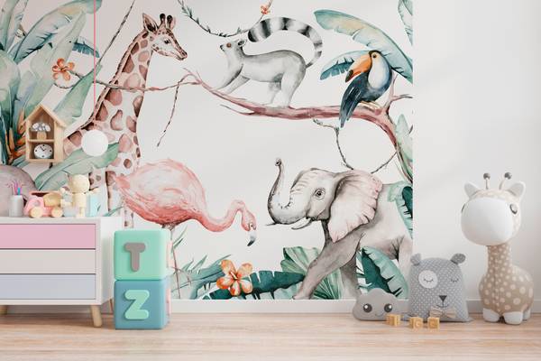 Fototapete Safari Tiere Illustration Beige - Schwarz - Braun - Grau - Grün - Orange - Pink - Vinyl - 350 x 255 x 1 cm