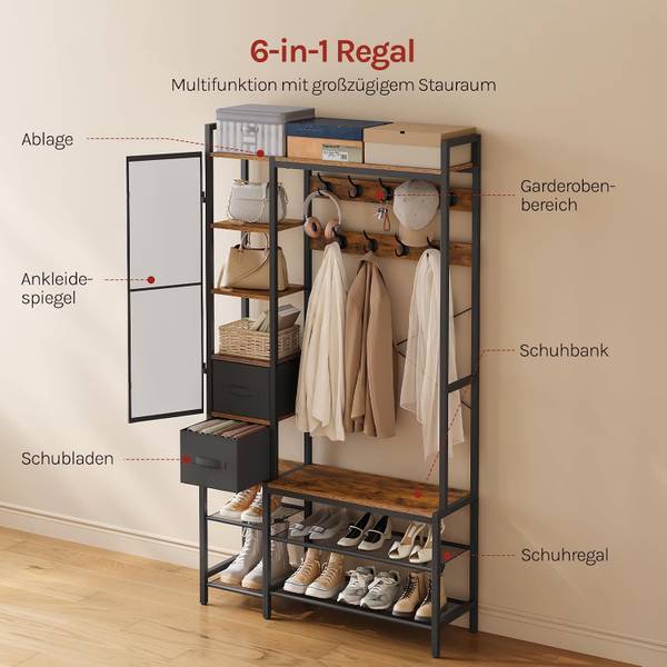 Kleiderständer HO-004 mit Schuhregal Braun - Holzwerkstoff - Metall - 100 x 180 x 30 cm