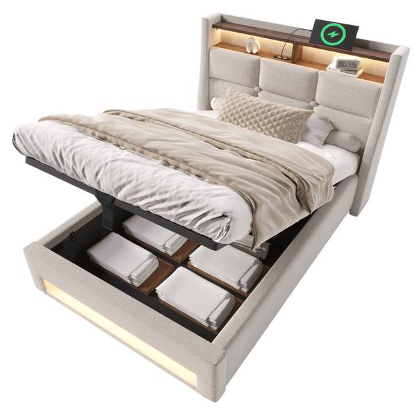 Polsterbett 2 USB GLOWLEIN Ⅰ Beige - Breite: 95 cm