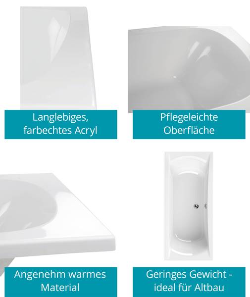 Badewanne Modern Curved 3-teilig Fuß Weiß - Kunststoff - 80 x 43 x 180 cm