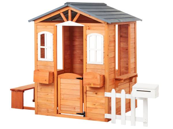 Cabane de jardin pour enfants AMPELIKO Marron - Gris - Blanc - Bois massif - 212 x 142 x 120 cm