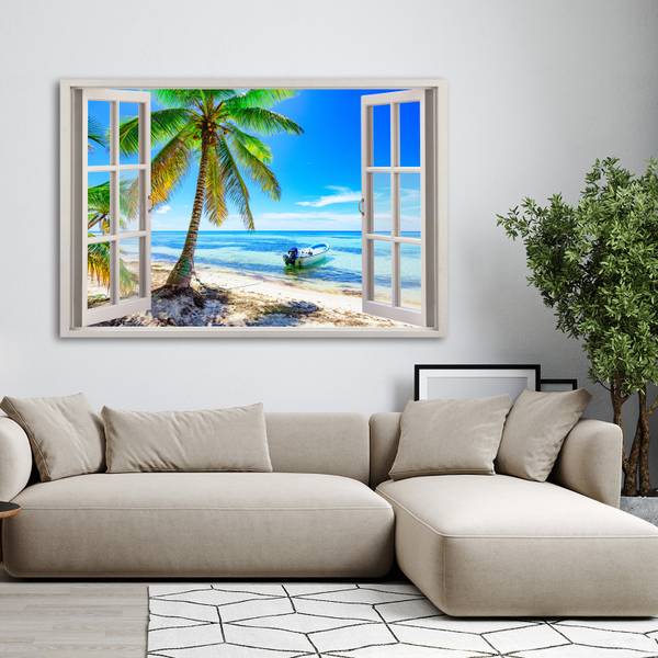 Wandbild blick aus dem fenster palmen 60 x 40 cm