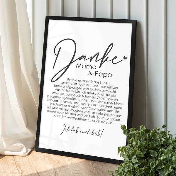 Danke Mama und Papa gerahmtes Poster 30 x 45 cm