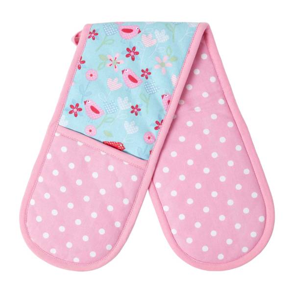 Ofenhandschuh doppelt Vögel & Blumen Pink - Baumwollstoff - 18 x 1 x 84 cm