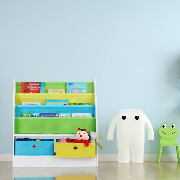 Kinderregal mit 2 Boxen & 3 Hängefächern Grün - Hellblau - Weiß