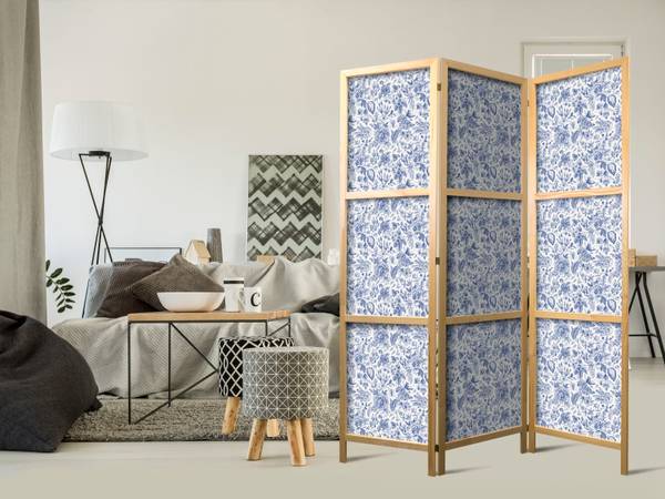 Paravent Büsche Blumen 3-tlg Blau - Weiß - Holzwerkstoff - Textil - 135 x 172 x 3 cm