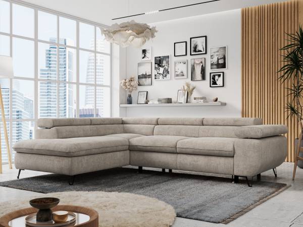 Ecksofa PETER L Greige - Ecke davorstehend links - Ottomane davorstehend links - Schlaffunktion davorstehend links - Strukturstoff - Webstoff