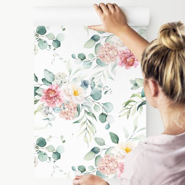 Papier Peint FLEURS Feuilles Eucalyptus Beige - Vert - Rose foncé - Blanc - Polaire - 53 x 1000 x 1000 cm