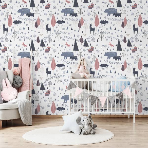 Papier Peint animaux forêt arbres nature Beige - Gris - Blanc - Polaire - 53 x 1000 x 1000 cm