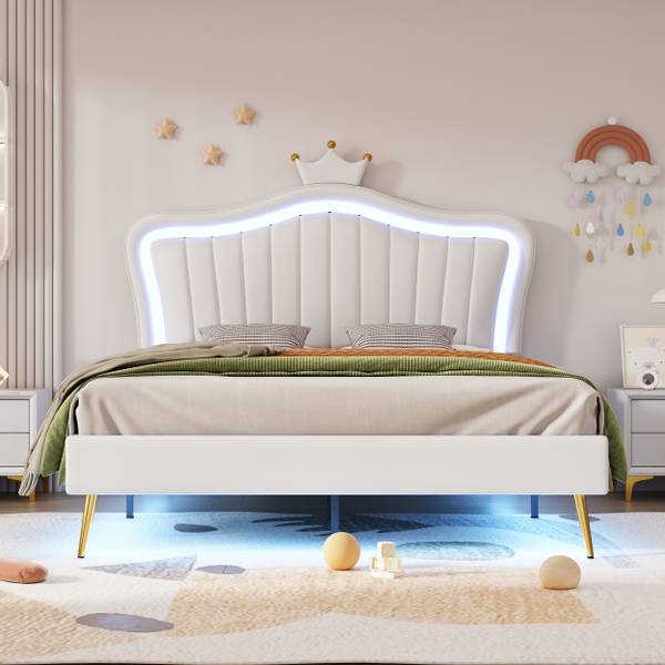 Lit capitonné GLOWPUER Ⅱ Blanc - Bois manufacturé - Métal - Cuir synthétique - 152 x 134 x 203 cm