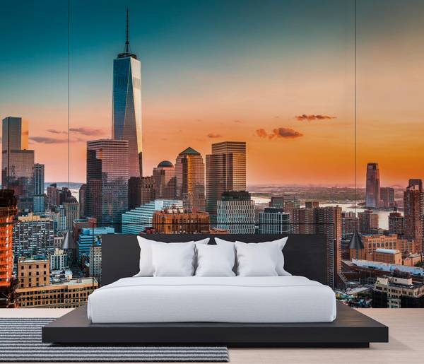 Fototapete Skyline New York City Blau - Grau - Orange - Weiß - Vinyl - 350 x 255 x 1 cm