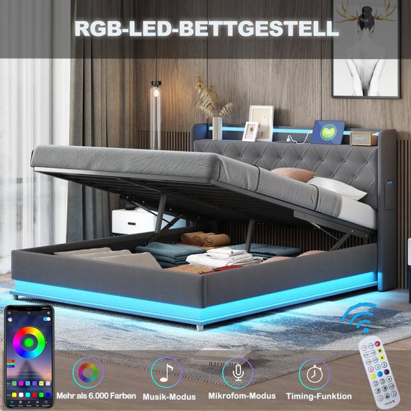 Polsterbett-BB1141 Grau - Massivholz - 166 x 113 x 213 cm