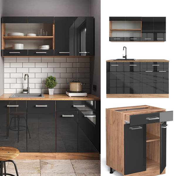 Cuisine R-Line 42962 Anthracite brillant - Imitation chêne