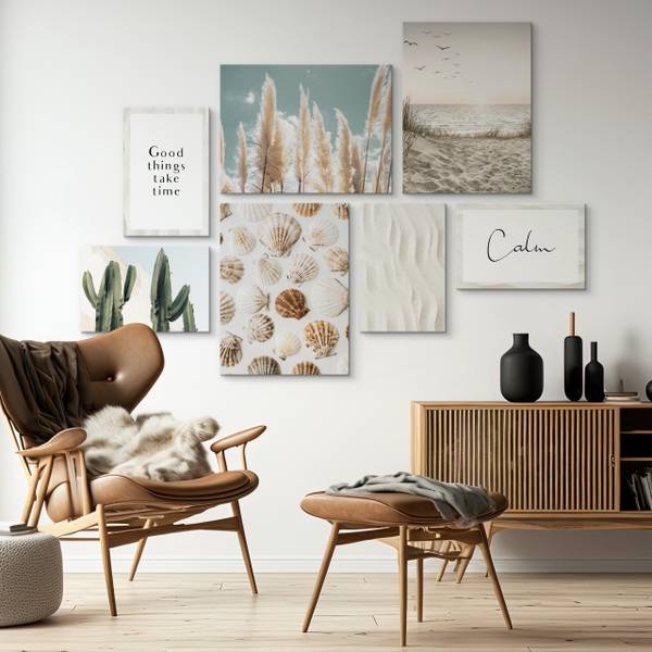 Leinwandbilder Set Strand Pflanzen Zitat Beige - Blau - Grün - Leinen - 110 x 80 x 80 cm