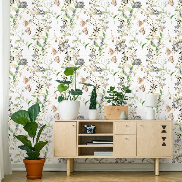 TAPETE Blumen Schmetterlinge Vintage Beige - Blau - Braun - Grau - Grün - Weiß - Papier - 53 x 1000 x 1000 cm