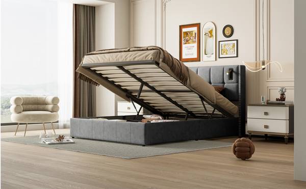 Polsterbett YCC01 Grau - Metall - Massivholz - 169 x 107 x 205 cm