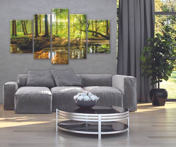 Leinwandbild SET Wald Sonne Wohnzimmer Grün - Holzwerkstoff - Textil - 170 x 100 x 2 cm