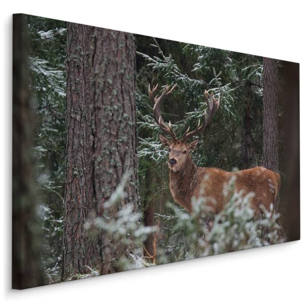 Leinwandbild Hirsch WALD Winter Bäume 3D 40 x 30 x 30 cm