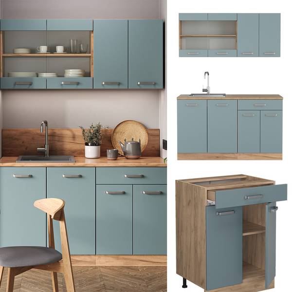 Singleküche R-Line 42950 Blau / Grau - Eiche Dekor