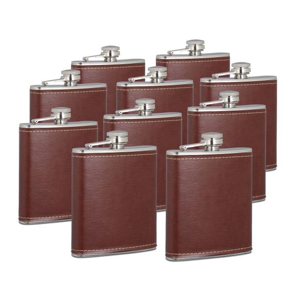 10x Flachmann 200ml mit Kunstleder Braun - Silber - Metall - Kunststoff - 10 x 13 x 2 cm