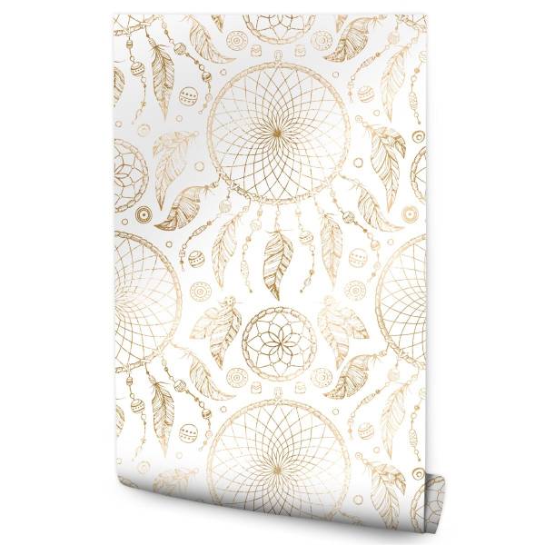 Papier Peint ATTRAPE-RÊVES Plumes Boho Beige - Blanc - Polaire - 53 x 1000 x 1000 cm