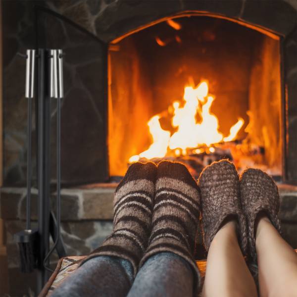 Kaminbesteck modern 4-teilig mit Ständer Schwarz - Silber - Stahl - 15 x 57 x 15 cm