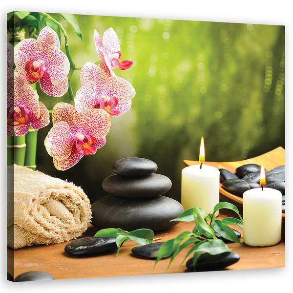 Tableau déco bougies orchidée et pierres 30 x 30 cm