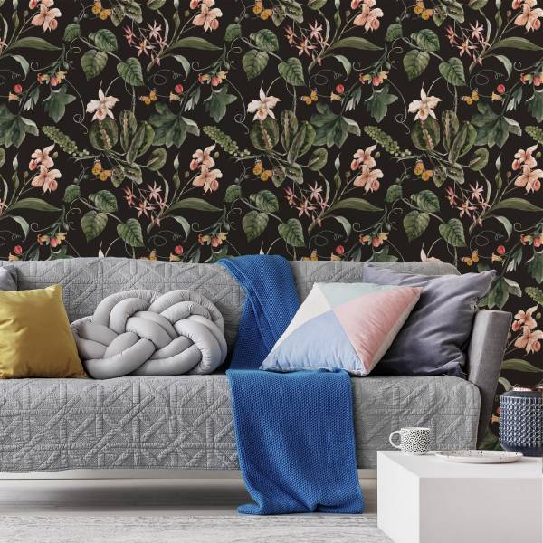 Tapete Aquarell BLÄTTER Blumen Natur Beige - Schwarz - Grün - Rot - Fleece - 53 x 1000 x 1000 cm