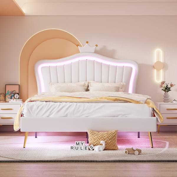 Lit capitonné GLOWPUER Ⅱ Blanc - Bois manufacturé - Métal - Cuir synthétique - 152 x 134 x 203 cm
