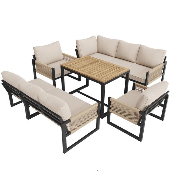 Tuin eetset WoodyRope Ⅷ beige - plaatmateriaal op houtbasis - metaal - kunststof - textiel - 100 x 67 x 58 cm