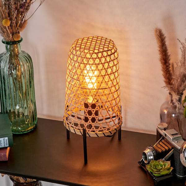 Tischleuchte Decollatura Beige - Schwarz - 19 x 53 x 19 cm - Flammenanzahl: 1 - Metall - Rattan