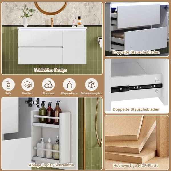 Waschtischunterschrank Eos Ⅲ Weiß - Holzwerkstoff - Porzellan - 92 x 51 x 47 cm