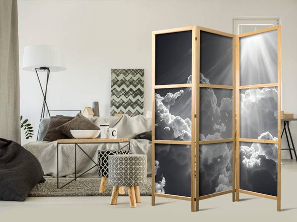 Paravent Strahlen Wolken 3-tlg Schwarz - Grau - Weiß - Holzwerkstoff - Textil - 135 x 172 x 3 cm