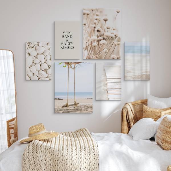 Set De Tableaux Plage Plantes Citation Beige - Bleu - Blanc - Lin - 90 x 80 x 80 cm