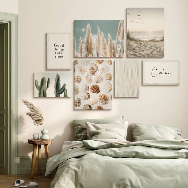 Leinwandbilder Set Strand Pflanzen Zitat Beige - Blau - Grün - Leinen - 110 x 80 x 80 cm