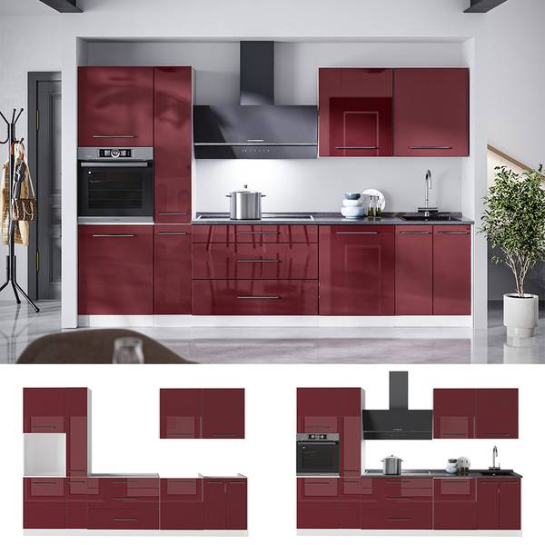 Küchenzeile Fame-Line 64338 Hochglanz Bordeaux - Reinweiß