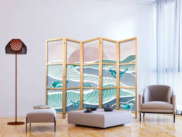 Paravent Fisch Ozean Sonne 5-tlg Blau - Grün - Pink - Weiß - Holzwerkstoff - Textil - 225 x 172 x 3 cm